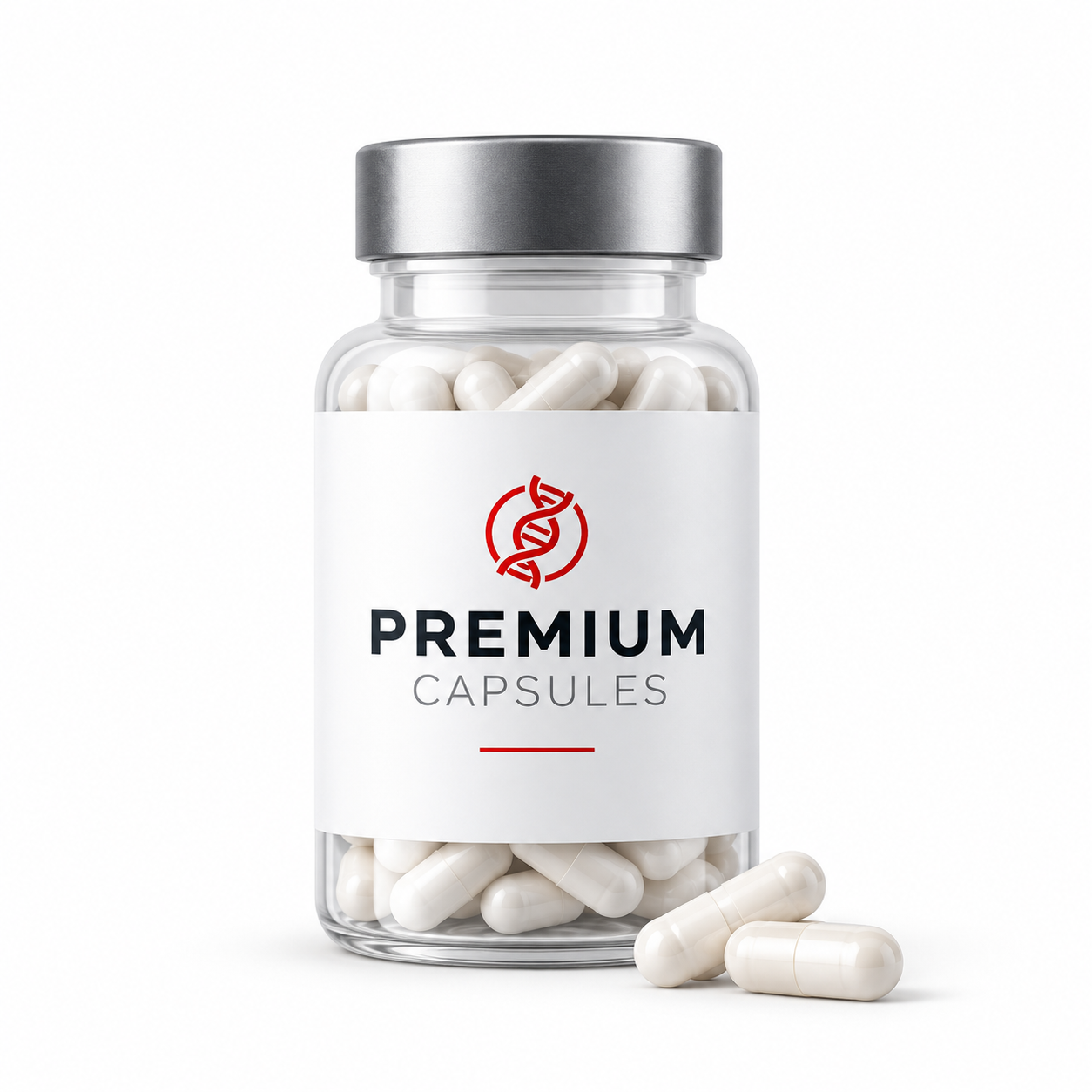 Transparente Dose mit weißen Premium Kapseln und drei Kapseln davor