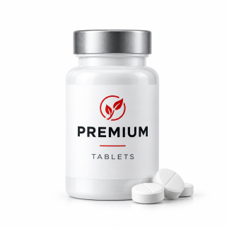 Weiße Dose mit Premium Tabletten und drei Tabletten davor